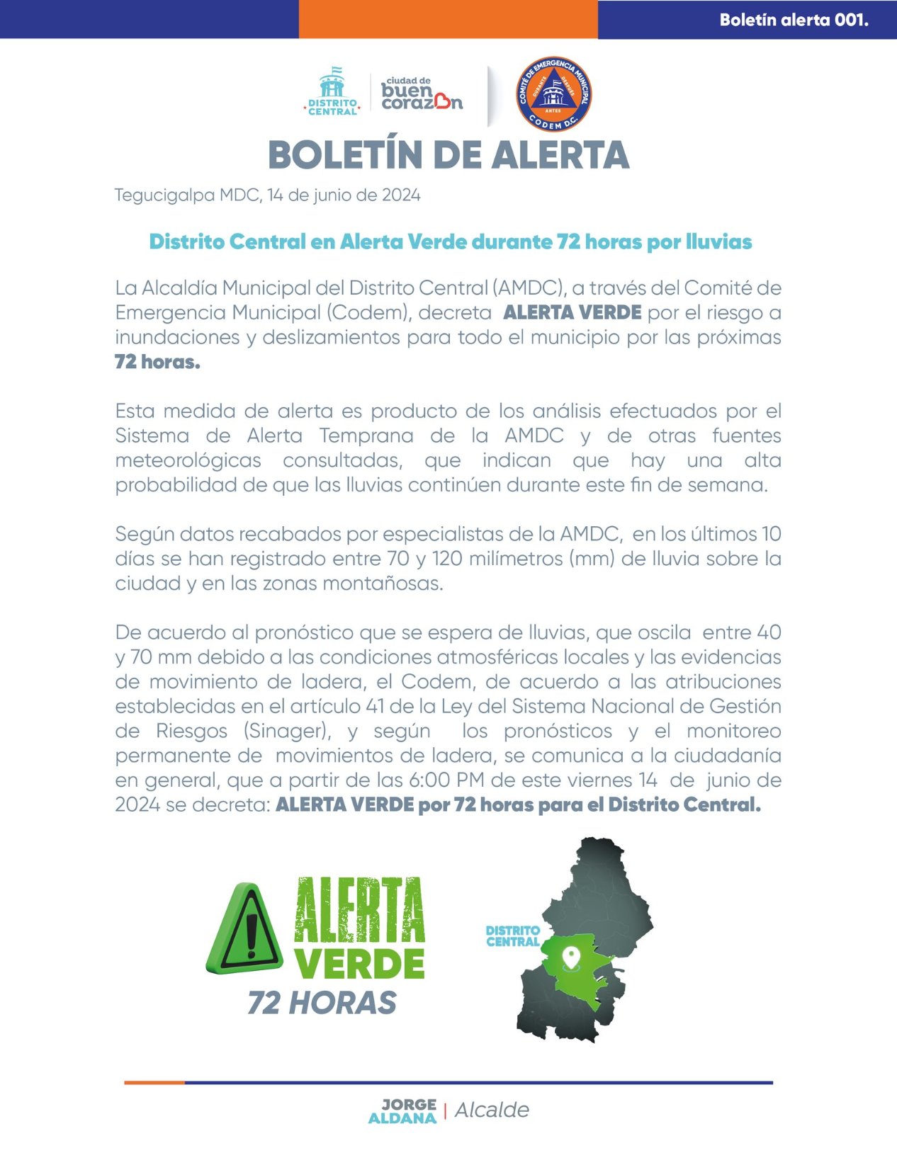 Copeco Emite Alerta Verde Por 72 Horas Para La Ciudad De Tegucigalpa, Honduras.