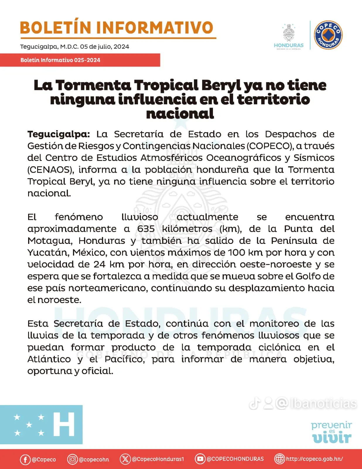 Beryl Ya No Representa Una Amenaza Para Honduras.