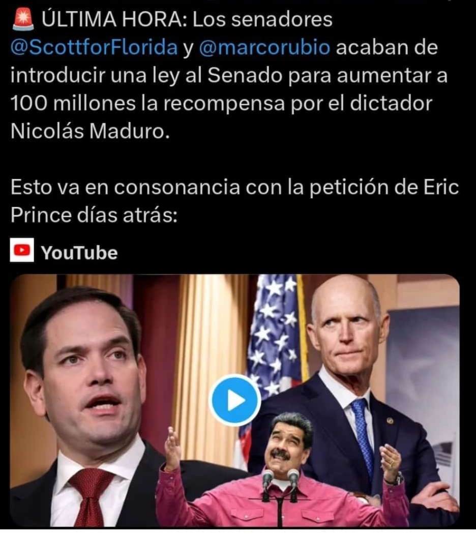 Senadores De EUA Estudian Elevar A $100 Millones La Recompensa Del Genocida Nicolas Maduro.