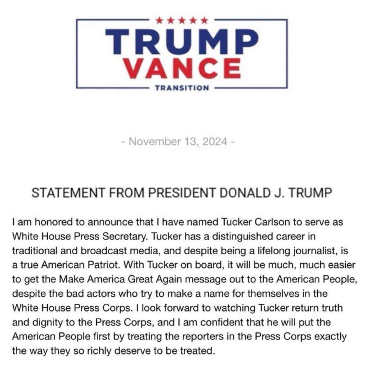 El Rey Ciro, Donald Trump Designó A Tucker Carlson Como Jefe De Prensa De La Casa Blanca.